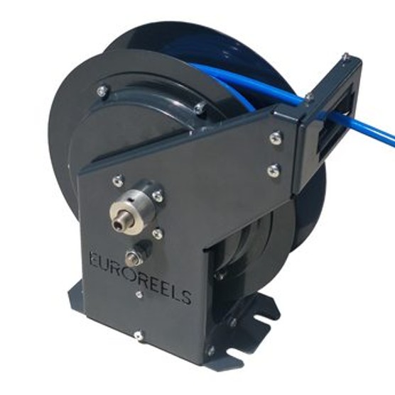 Spring rewind air hose reel with blue hose and swivel inlet - Euroreels