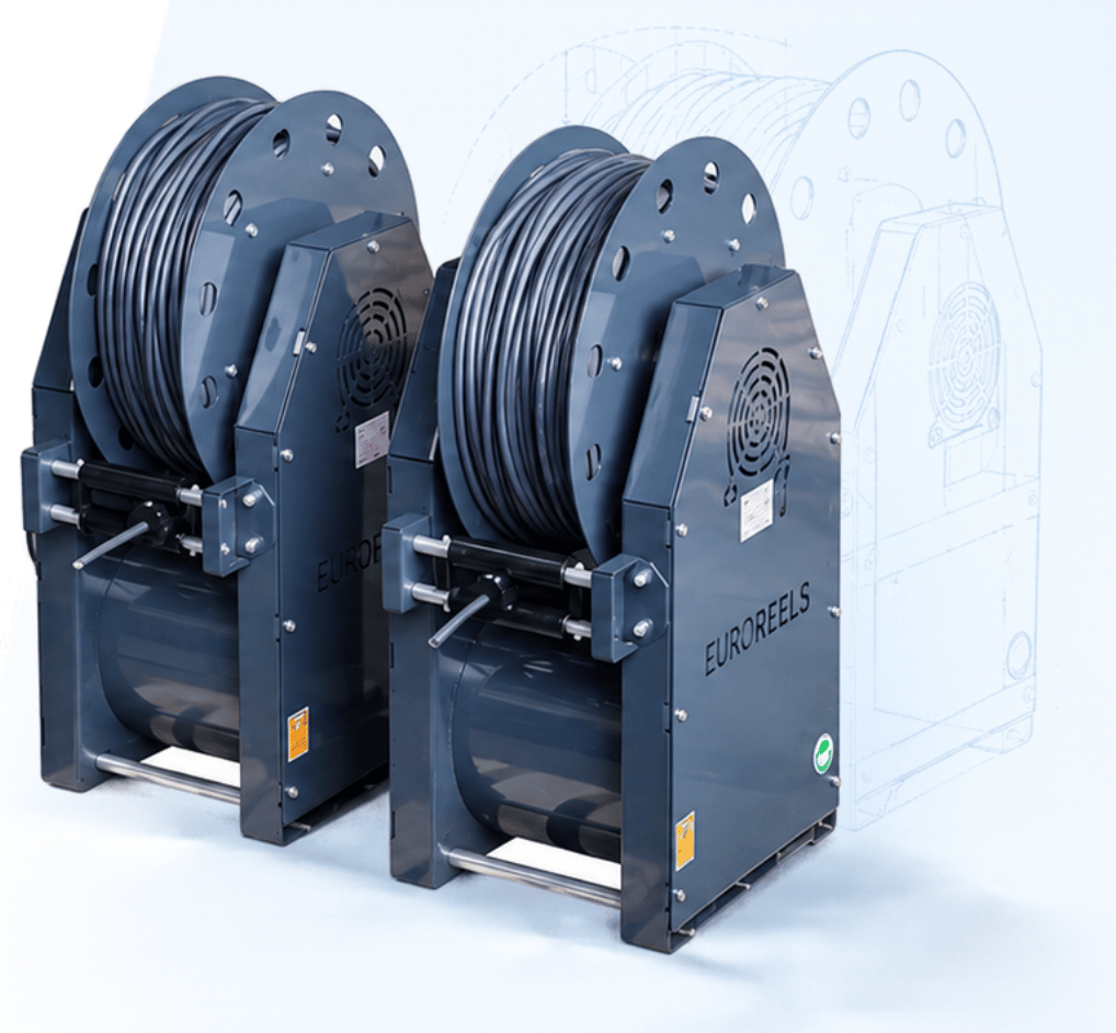 Twin heavy industry cable drums with geared drive and technical drawing overlay - Euroreels