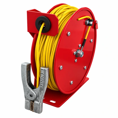 Spring rewind grounding reel with insulated yellow cable and heavy duty clamp - Euroreels