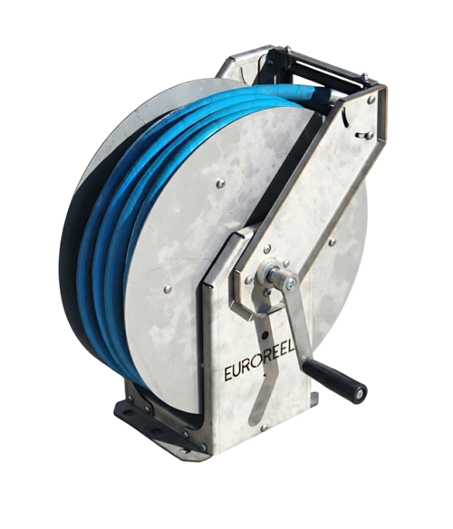 Hand-wound stainless steel hose reel with crank handle and blue hose - Euroreels