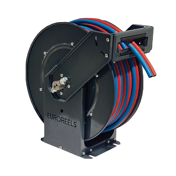 Twin hose reel with red and blue oxygen acetylene hoses and dual swivel inlet - Euroreels
